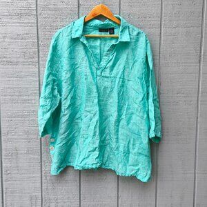 Tahari 100% Linen Popover Collared Tunic sz 3X Turquoise Green Coastal Minimal